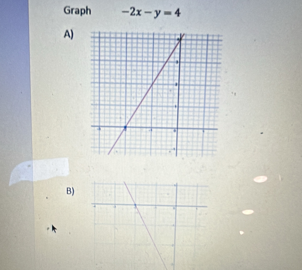 Graph -2x-y=4
A) 
B)