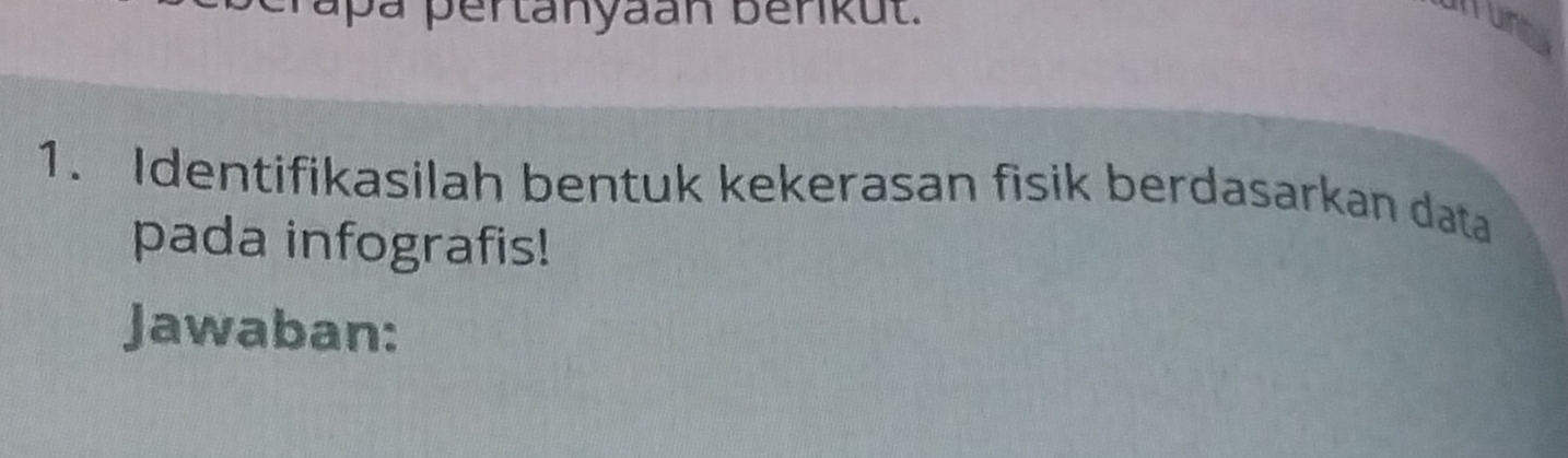 pertanyaan benkut. lunt 
1. Identifikasilah bentuk kekerasan fisik berdasarkan data 
pada infografis! 
Jawaban: