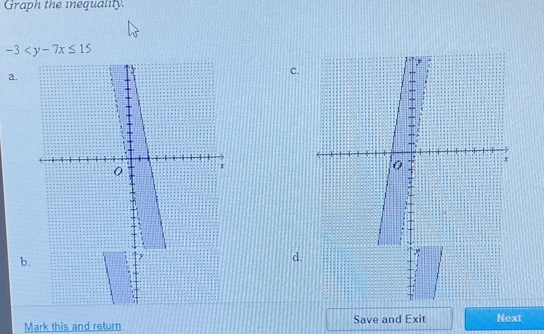 Graph the iequality.
-3
a. 
c. 
b. 
d. 
Mark this and return Save and Exit Next