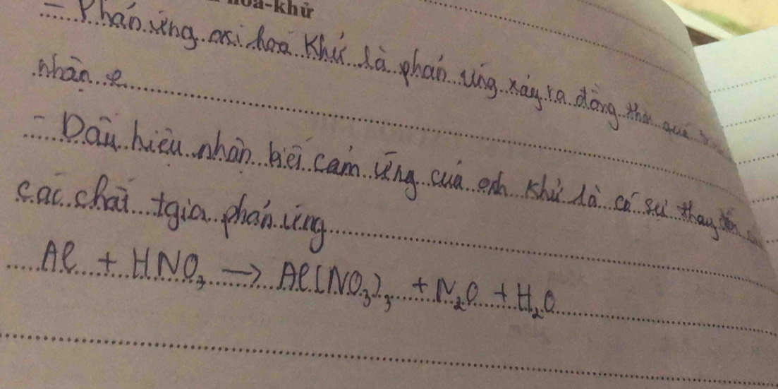 ir 
whan 
Yhányng axidon Khǔ là phán ung xág la dōng th au 
Dau hièu nhàn bèi can ǐīng cun enn Khù là oó sú thay 
cac chai +gia phán jāng
Al+HNOto Al(NO_3)_3+N_2O+H_2O