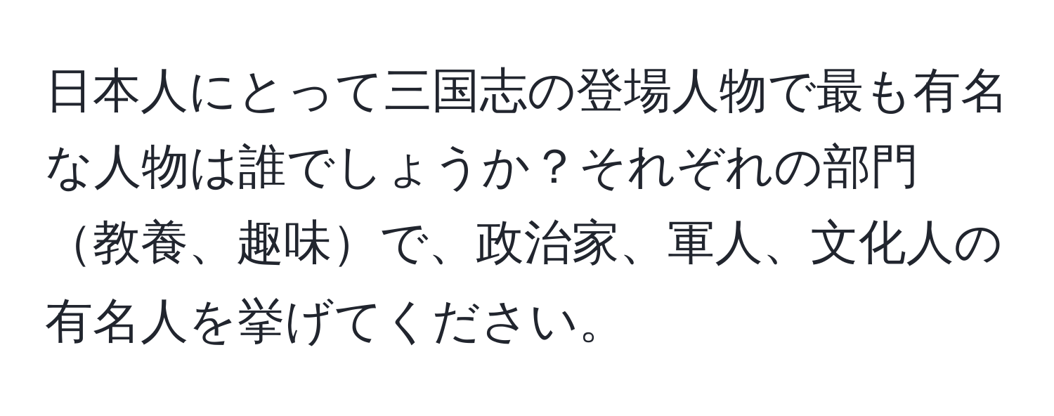 日本人にとって三国志の登場人物で最も有名な人物は誰でしょうか？それぞれの部門教養、趣味で、政治家、軍人、文化人の有名人を挙げてください。