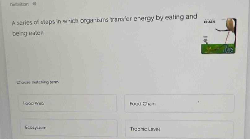 Definition
A series of steps in which organisms transfer energy by eating and CHAIN
being eaten
Choose matching term
Food Web Food Chain
Ecosystem Trophic Level