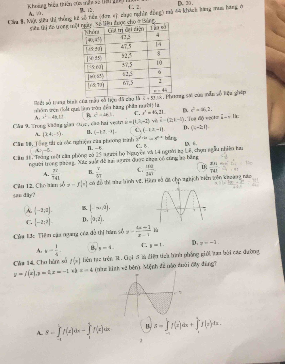 Khoảng biến thiên của mẫu số hiệu ghép nờn
C. 2 .
A. 10 . B. 12 . D. 20 .
Câu 8. Một siêu thị thống kê số tiền (đơn vị: chục nghìn đồng) mà 44 khách hàng mua hàng ở
siêu thị đó trong mộ
Biết số trung bình của mẫu số liệu đã cho là ng sai của mẫu số liệu ghép
nhóm trên (kết quả làm tròn đến hàng phần mười) là
A. s^2=46,12. B. s^2=46,1. C. s^2=46,21. D. s^2=46,2.
Câu 9. Trong không gian Oxyz , cho hai vectoơ vector u=(1;3;-2) và vector v=(2;1;-1). Toạ độ vectơ vector u-vector v là:
A. (3;4;-3). B. (-1;2;-3). C (-1;2;-1). D. (1;-2;1).
Câu 10. Tổng tất cả các nghiệm của phương trình 2^(x^2)+2x=8^(2-x) bàng
A. -5. B. -6. C. 5. D. 6.
Câu 11. Trong một căn phòng có 25 người họ Nguyễn và 14 người họ Lê, chọn ngẫu nhiên hai
người trong phòng. Xác suất để hai người được chọn có cùng họ bằng
A.  27/741 . B.  7/57 . C.  100/247 . D.  391/741 .
Câu 12. Cho hàm số y=f(x) có đồ thị như hình vẽ. Hàm số đã cho nghịch biến trên khoảng nào
sau đây?
A. (-2;0). B. (-∈fty ;0).
C. (-2;2). D. (0;2).
Câu 13: Tiệm cận ngang của đồ thị hàm số y= (4x+1)/x-1  là
A. y= 1/4 . B, y=4. C. y=1. D. y=-1.
Câu 14. Cho hàm số f(x) liên tục trên R. Gọi S là diện tích hình phẳng giới hạn bởi các đường
y=f(x),y=0,x=-1 và x=4 (như hình vẽ bên). Mệnh đề nào dưới đây đúng?
A. S=∈tlimits _(-1)^1f(x)dx-∈tlimits _1^4f(x)dx.
B. S=∈tlimits _(-1)^1f(x)dx+∈tlimits _1^4f(x)dx.
2