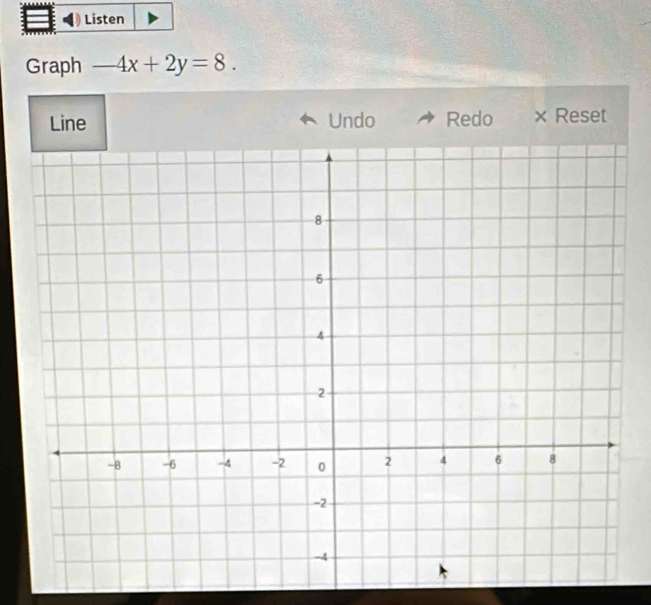 Listen 
Graph -4x+2y=8. 
Line Undo Redo × Reset