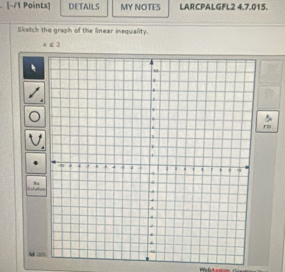 DETAILS MY NOTES LARCPALGFL2 4,7,015. 
Sketch the graph of the linear inequality,
x≤ 3
Fil 
No 
Eoluto 
Web A rei ó G