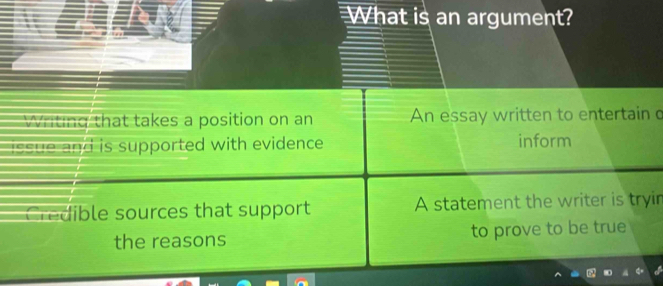 What is an argument? 
Writing that takes a position on an An essay written to entertain c 
issue and is supported with evidence. inform 
Credible sources that support A statement the writer is tryir 
the reasons to prove to be true