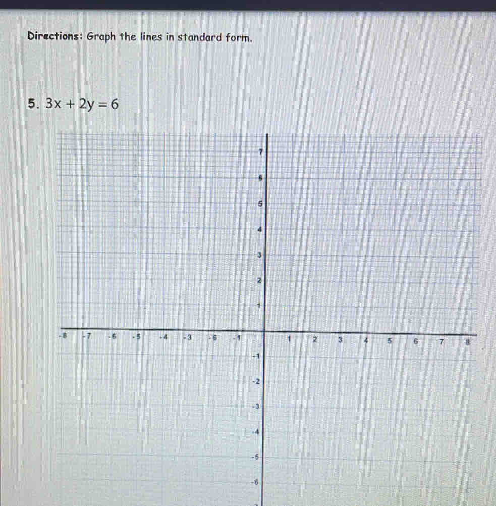 Directions: Graph the lines in standard form. 
5. 3x+2y=6