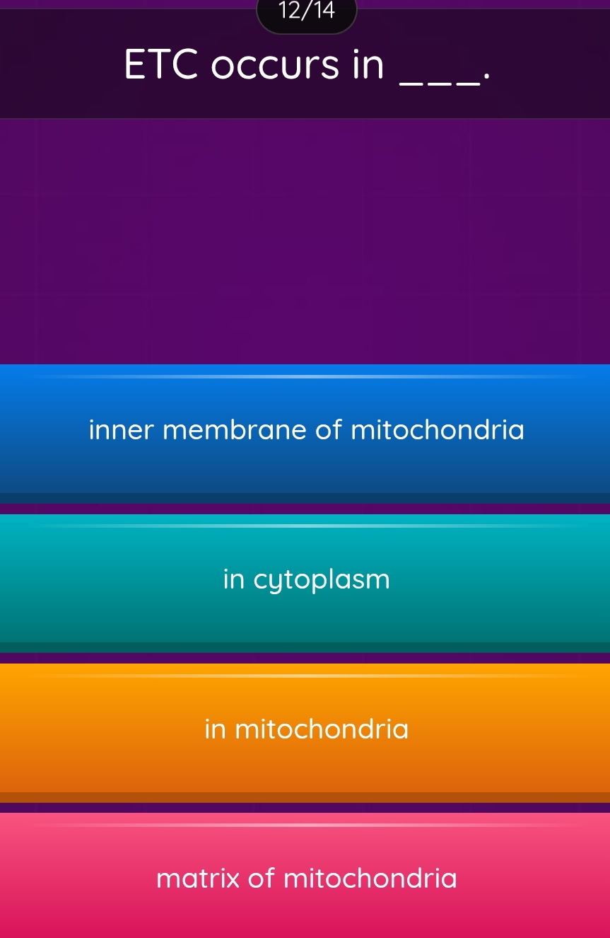 12/14
ETC occurs in_
.
inner membrane of mitochondria
in cytoplasm
in mitochondria
matrix of mitochondria