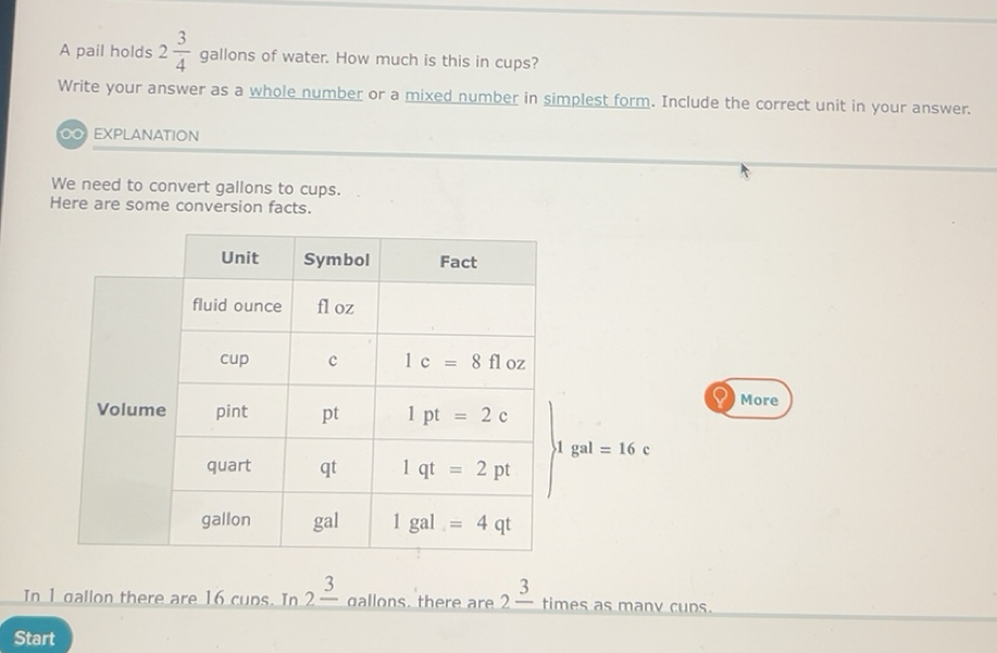 Solved: A pail holds 2 3/4 gallons of water. How much is this in cups ...