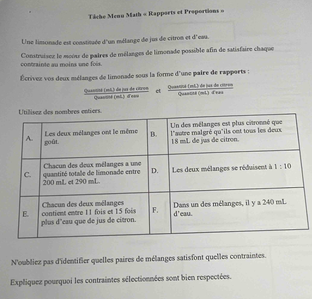 Tâche Menu Math « Rapports et Proportions »
Une limonade est constituée d'un mélange de jus de citron et d’eau.
Construisez le moins de paires de mélanges de limonade possible afin de satisfaire chaque
contrainte au moins une fois.
Écrivez vos deux mélanges de limonade sous la forme d’une paire de rapports :
Quantité (mL) de jus de citror et frac u
Quantité (mL) d'eau
N'oubliez pas d'identifier quelles paires de mélanges satisfont quelles contraintes.
Expliquez pourquoi les contraintes sélectionnées sont bien respectées.