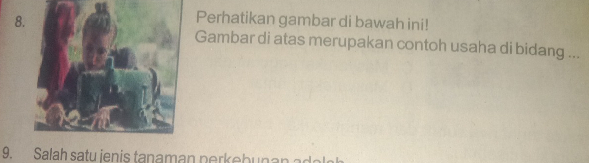 Perhatikan gambar di bawah ini! 
Gambar di atas merupakan contoh usaha di bidang ... 
9. Salah satu jenis tanaman perkebunan a da la