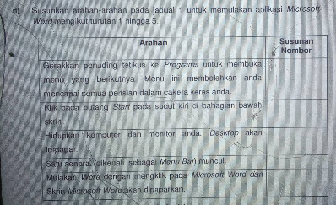 Susunkan arahan-arahan pada jadual 1 untuk memulakan aplikasi Microsoft 
Word mengikut turutan 1 hingga 5.