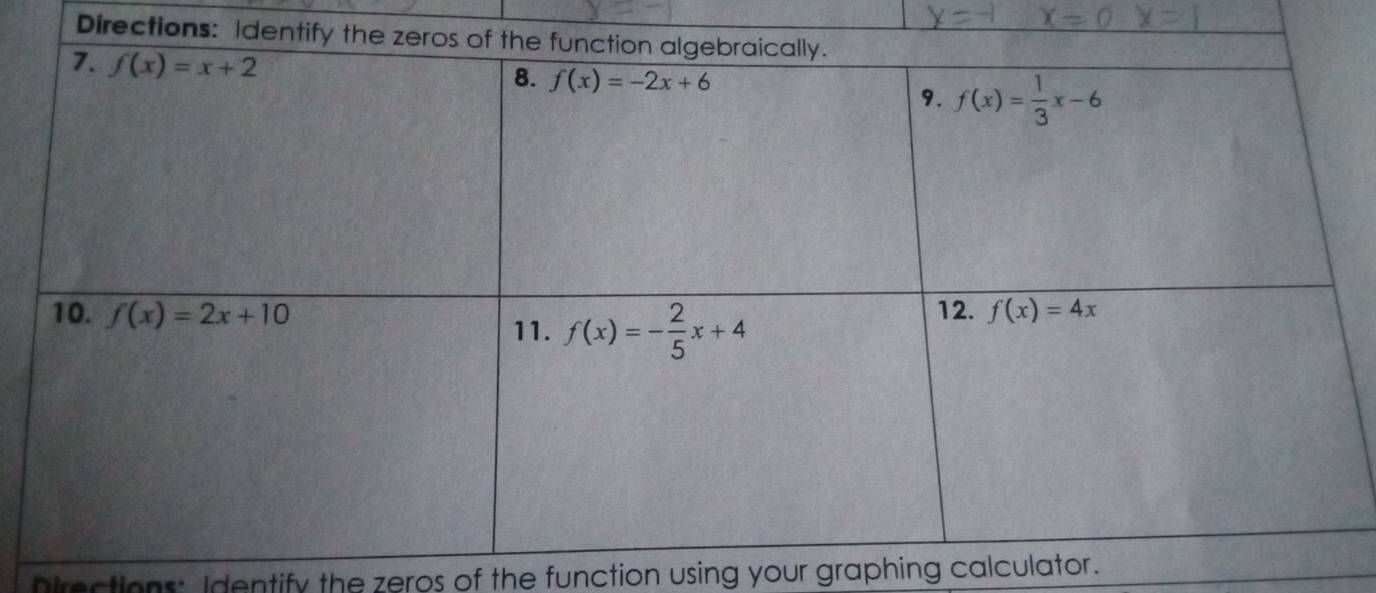 Directions: Id
rections: Identify the zeros of the function using your graphing calculator.