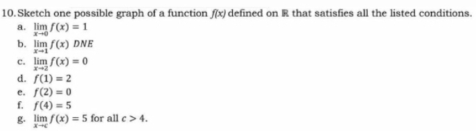 Sketch one possible graph of a function f(x) defined on R that satisfies all the listed conditions. 
a. limlimits _xto 0f(x)=1
b. limlimits _xto 1f(x)DNE
c. limlimits _xto 2f(x)=0
d. f(1)=2
e. f(2)=0
f. f(4)=5
g. limlimits _xto cf(x)=5 for all c>4.