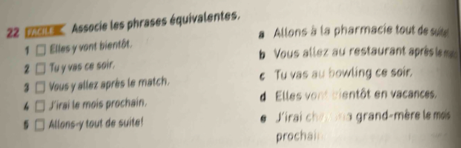 22 'ran ' Associe les phrases équivalentes.
a Allons à la pharmacie tout de su
1 Elles y vont bientôt.
b Vous allez au restaurant après iem
2 Tu y vas ce soir.
3 Vous y allez après le match. c Tu vas au bowling ce soir.
d Elles vont sientôt en vacances.
J'irai le mois prochain.
Allons-y tout de suite! e 'irai cha ma grand-mère le meis
prochai