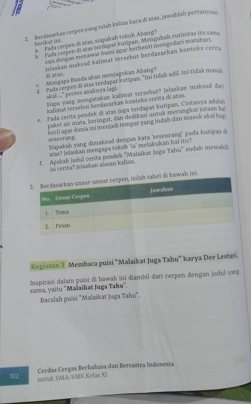 pesawat 
2. Berdasarkan cerpen yang telah kalian baca di atas, jawablah pertanyaan
a. Pada cerpen di atas, siapakah tokoh Abang?
berikut ini.
b. Pada cerpen di atas terdapat kutipan, Mengubah rutinitas itu sama
saja dengan menawar bumi agar berhenti mengedari matahari.
Jelaskan maksud kalimat tersebut berdasarkan konteks cerita
di atas.
c. Mengapa Bunda akan menjagokan Abang?
d. Pada cerpen di atas terdapat kutipan, “Ini tidak adil. Ini tidak masuk
akal...,” protes anaknya lagi.
Siapa yang mengatakan kalimat tersebut? Jelaskan maksud dari
kalimat tersebut berdasarkan konteks cerita di atas.
e. Pada cerita pendek di atas juga terdapat kutipan, Cintanya adalah
paket air mata, keringat, dan dedikasi untuk merangkai jutaan hal
kecil agar dunia ini menjadi tempat yang indah dan masuk akal bagi
Siapakah yang dimaksud dengan kata ‘seseorang’ pada kutipan di
seseorang.
atas? Jelaskan mengapa tokoh ‘ia’ melakukan hal itu?
f. Apakah judul cerita pendek “Malaikat Juga Tahu” sudah mewakili
isi cerita? Jelaskan alasan kalian.
i bawah ini.
Kegiatan 3 Membaca puisi “Malaikat Juga Tahu” karya Dee Lestari.
Inspirasi dalam puisi di bawah ini diambil dari cerpen dengan judul yang
sama, yaitu “Malaikat Juga Tahu”.
Bacalah puisi “Malaikat Juga Tahu”.
Cerdas Cergas Berbahasa dan Bersastra Indonesia
102 untuk SMA/SMK Kelas XI