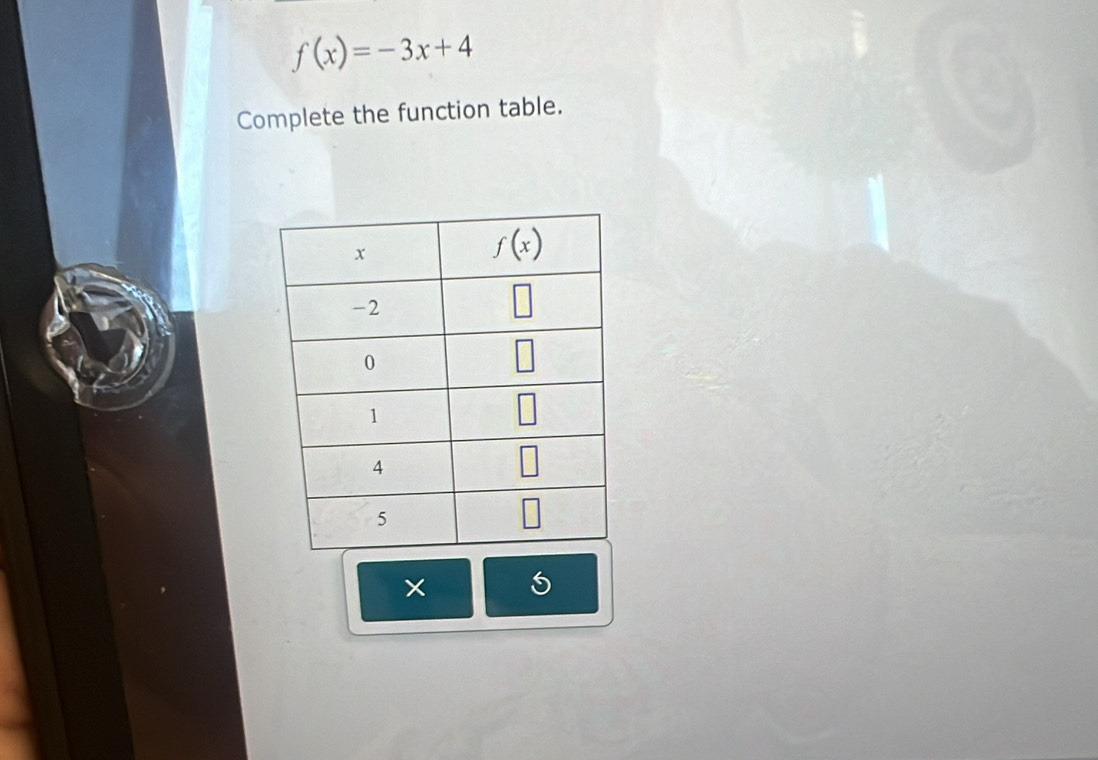 f(x)=-3x+4
Complete the function table.
× 5