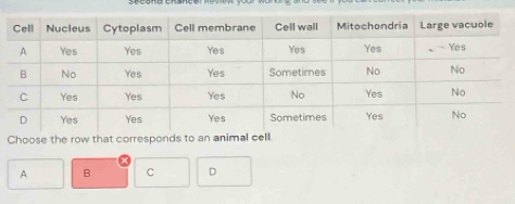 Choose the row that corresponds to an animal cell.
A B C D