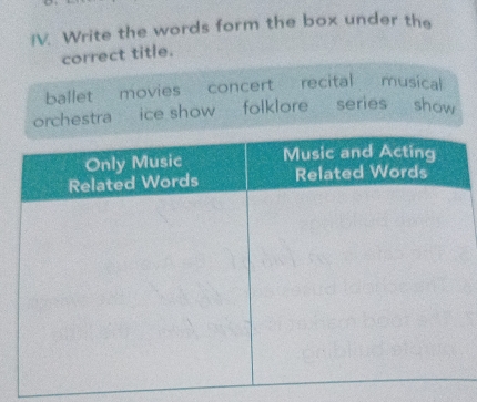 Write the words form the box under the
correct title.
ballet movies concert recital musical
orchestra ice show folklore series show