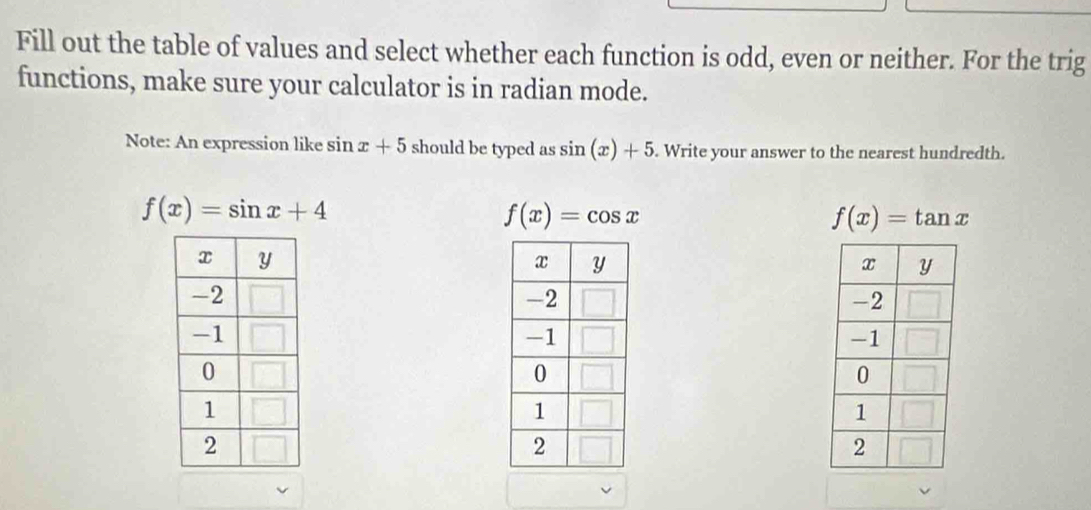 Fill out the table of values and select whether each function is odd, even or neither. For the trig
functions, make sure your calculator is in radian mode.
Note: An expression like sin x+5 should be typed as sin (x)+5. Write your answer to the nearest hundredth.
f(x)=sin x+4
f(x)=cos x
f(x)=tan x