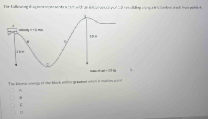 The following diagram represents a cart with an initial velocity of 1.0 m/s sliding along a frictionless track from point A:
The kinetic energy of the block will be greatest when it reaches point
A
B
C
D