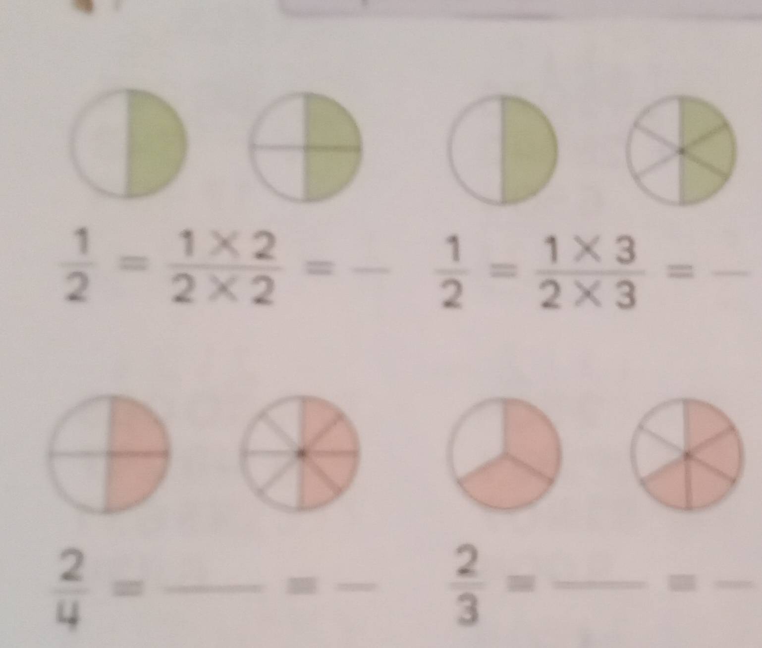  1/2 = (1* 2)/2* 2 =- 1/2 = (1* 3)/2* 3 =
 2/4 = _ 
_
 2/3 = _ 
_=