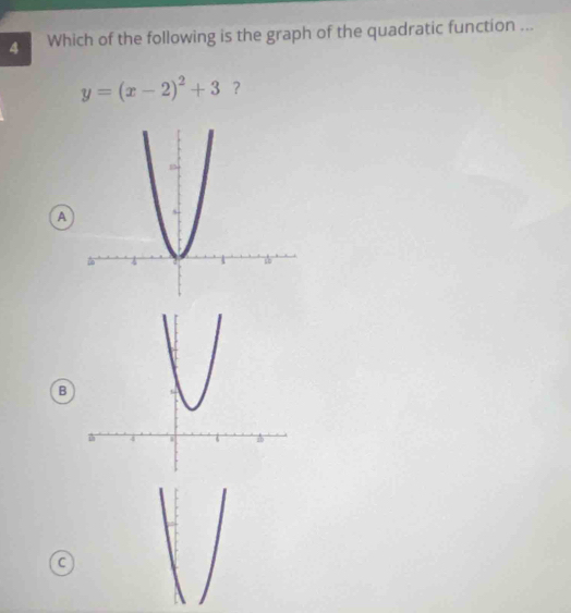 Which of the following is the graph of the quadratic function ...
y=(x-2)^2+3 ?
a
B
C