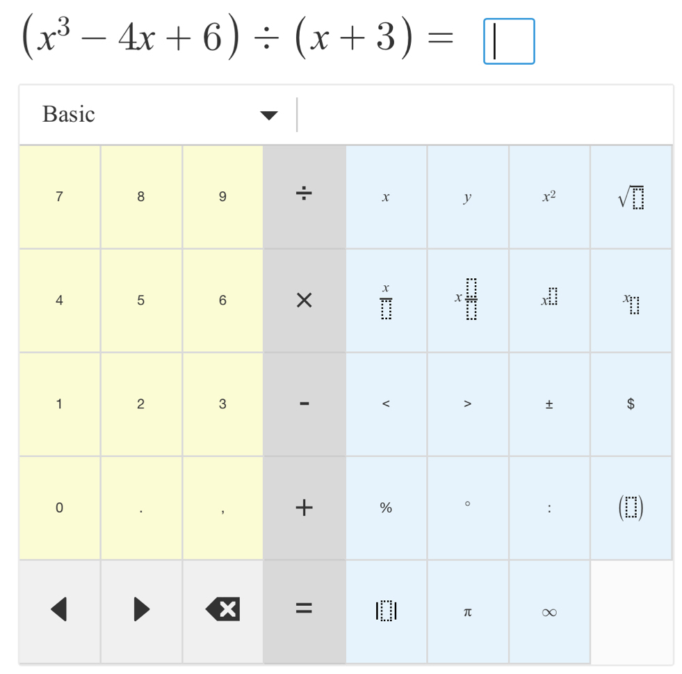 (x^3-4x+6)/ (x+3)=□
Basic