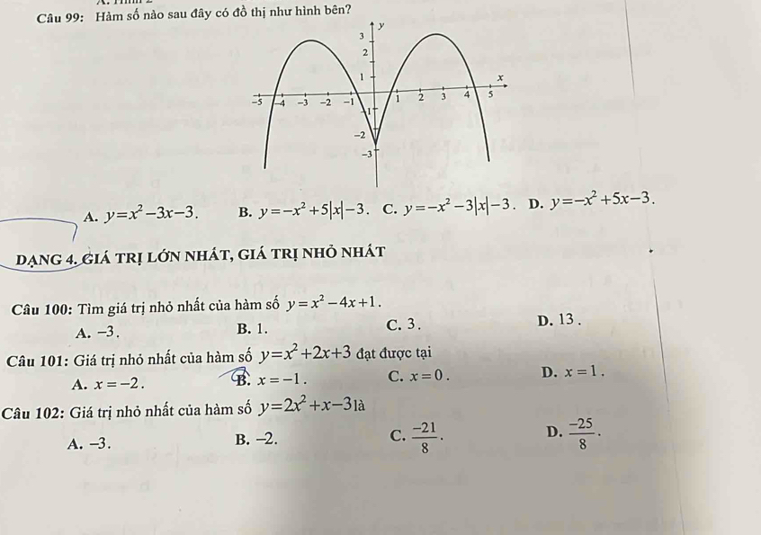 Hàm số nào sau đây có đồ thị như hình bên?
A. y=x^2-3x-3. B. y=-x^2+5|x|-3. C. y=-x^2-3|x|-3 D. y=-x^2+5x-3. 
dạng 4. giá trị lớn nhát, giá trị nhỏ nhát
Câu 100: Tìm giá trị nhỏ nhất của hàm số y=x^2-4x+1.
A. -3. B. 1. C. 3. D. 13.
Câu 101: Giá trị nhỏ nhất của hàm số y=x^2+2x+3 đạt được tại
A. x=-2. B. x=-1. C. x=0. D. x=1. 
Câu 102: Giá trị nhỏ nhất của hàm số y=2x^2+x-31a
A. -3. B. -2. C.  (-21)/8 · D.  (-25)/8 .