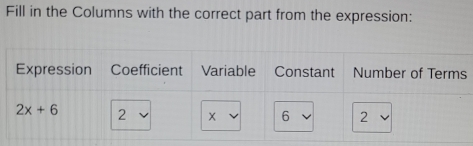 Fill in the Columns with the correct part from the expression: