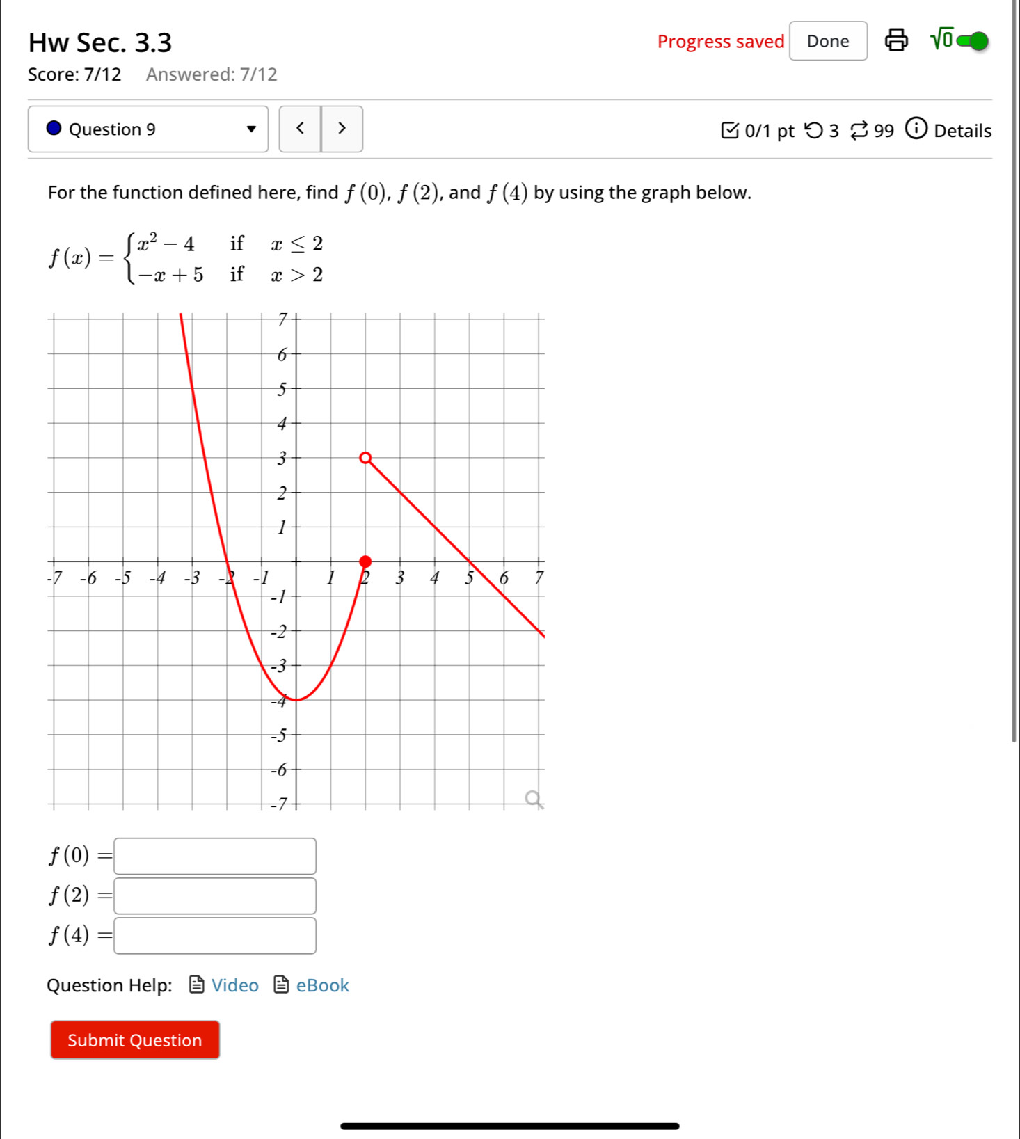 Hw Sec. 3.3 Progress saved Done
sqrt(0) 
Score: 7/12 Answered: 7/12
Question 9 < 0/1 pt つ 3 99 (i) Details
For the function defined here, find f(0),f(2) , and f(4) by using the graph below.
f(x)=beginarrayl x^2-4ifx≤ 2 -x+5ifx>2endarray.
f(0)=□
f(2)=□
f(4)=□
Question Help: Video eBook
Submit Question