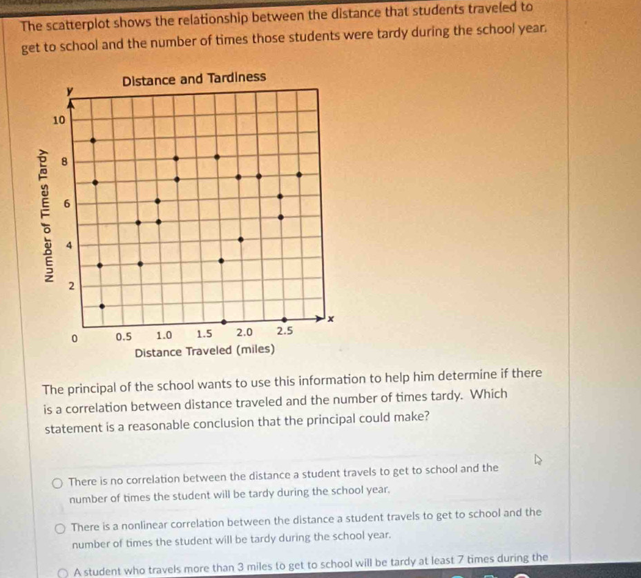 The scatterplot shows the relationship between the distance that students traveled to
get to school and the number of times those students were tardy during the school year.
The principal of the school wants to use this information to help him determine if there
is a correlation between distance traveled and the number of times tardy. Which
statement is a reasonable conclusion that the principal could make?
There is no correlation between the distance a student travels to get to school and the
number of times the student will be tardy during the school year.
There is a nonlinear correlation between the distance a student travels to get to school and the
number of times the student will be tardy during the school year.
A student who travels more than 3 miles to get to school will be tardy at least 7 times during the