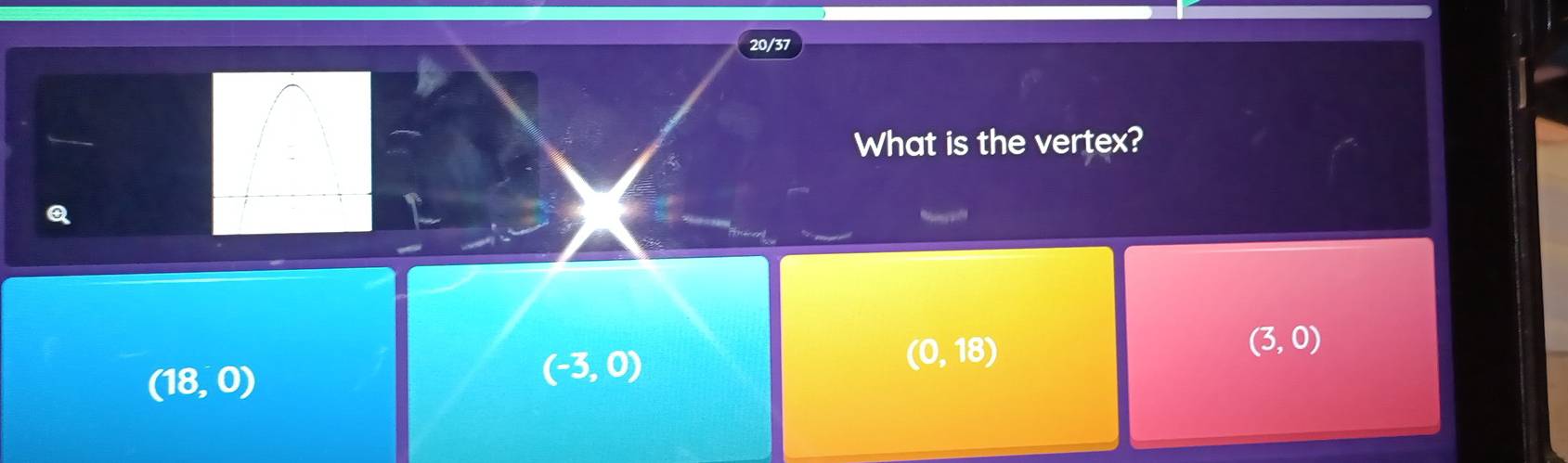 What is the vertex?
Q
(0,18)
(18,0)
(-3,0)
(3,0)