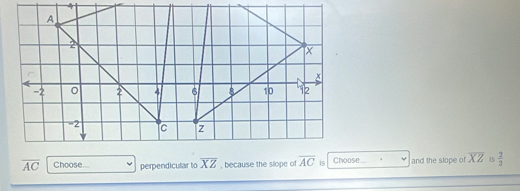 overline AC Choose... perpendicular to overline XZ , because the slope of  is  and the slope of overline XZ is  2/3 