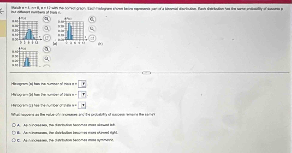 Match n=4,n=8,n=12 t with the correct graph. Each histogram shown below represents part of a binomial distribution. Each distribution has the same probability of success p
but different numbers of trials n.
(b)
Histogram (a) has the number of trials n=□ .
Histogram (b) has the number of trials n=
Histogram (c) has the number of trials n=□ .
What happens as the value of n increases and the probability of success remains the same?
A. As n increases, the distribution becomes more skewed left.
B. As n increases, the distribution becomes more skewed right.
C. As n increases, the distribution becomes more symmetric.