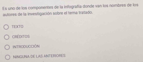 Es uno de los componentes de la infografía donde van los nombres de los
autores de la investigación sobre el tema tratado.
TEXTO
CRéDITOS
INTRODUCCION
NINGUNA DE LAS ANTERIORES