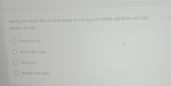 Xương nào dưới đây có hình dạng và cấu tạo có nhiều sai khác với các 1
xương còn lại?
Xương bả vai.
Xương đốt sống.
Xương sọ.
Xương cánh chậu.