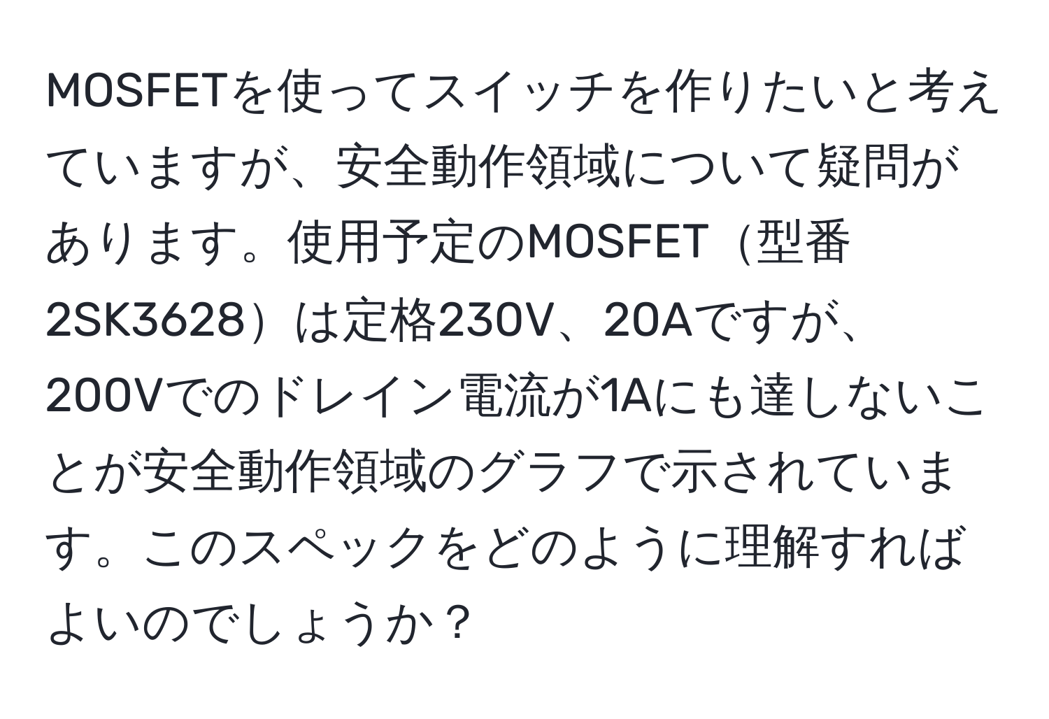 MOSFETを使ってスイッチを作りたいと考えていますが、安全動作領域について疑問があります。使用予定のMOSFET型番2SK3628は定格230V、20Aですが、200Vでのドレイン電流が1Aにも達しないことが安全動作領域のグラフで示されています。このスペックをどのように理解すればよいのでしょうか？