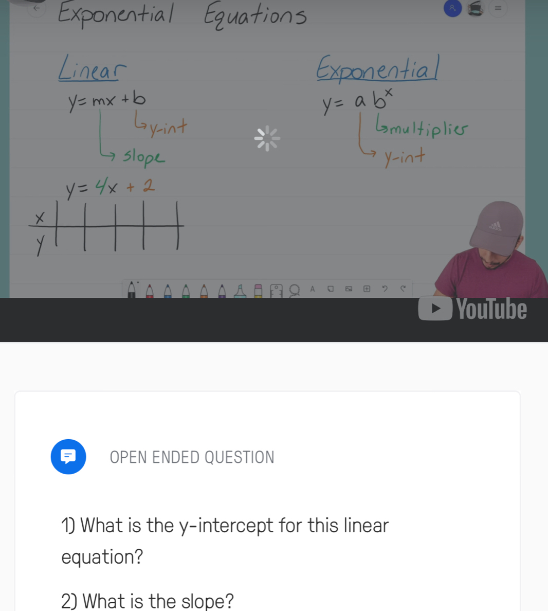 ← 
= 
YouTube 
OPEN ENDED QUESTION 
1) What is the y-intercept for this linear 
equation? 
2) What is the slope?