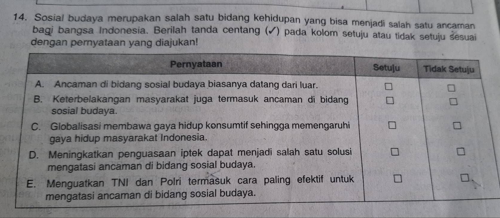 Sosial budaya merupakan salah satu bidang kehidupan yang bisa menjadi salah satu ancaman 
bagi bangsa Indonesia. Berilah tanda centang (✓) pada kolom setuju atau tidak setuju sesuai 
dengan pernyataan yang diajukan!