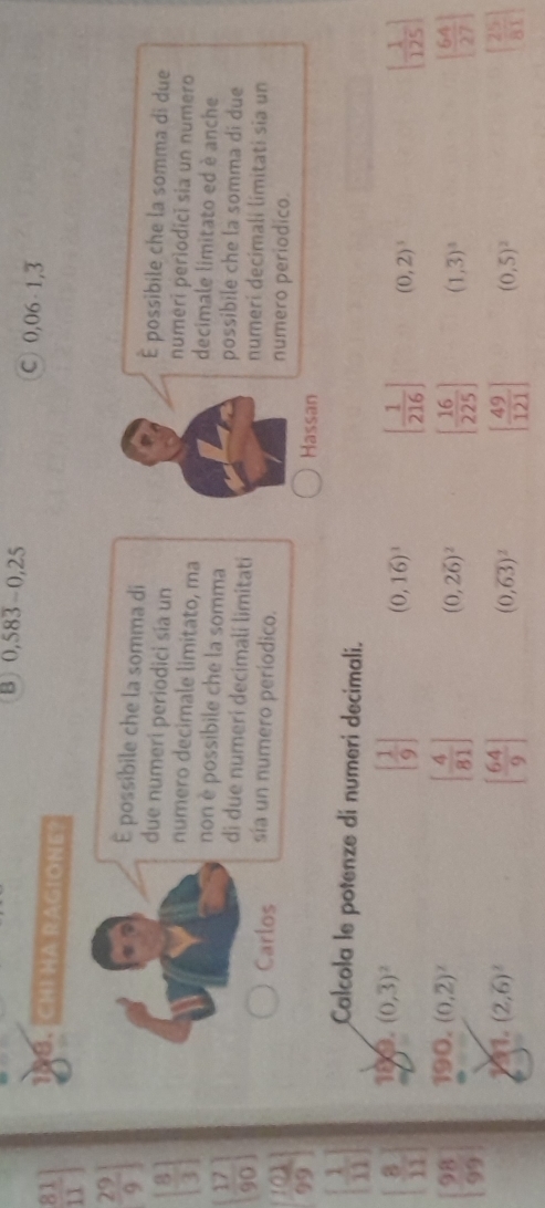 0,583-0,25
C 0,06-1,overline 3
 81/11 ]
T EN CHI HA RAGIONE?
 29/9 ]
É possíbile che la somma di È possibile che la somma di due
[ 8/3 ]
due numeri periodici sía un numeri periodici sia un numero 
numero decimale limitato, ma decimale limitato ed è anche 
non è possibile che la somma 
di due numerí decimalí limitati 
possibile che la somma di due
[ 17/90 ] numeri decimali limitati sia un
 101/99 ]
Carlos sía un numero períodico. numero periodico. 
Hassan
[ 1/11 ]
Calcola le potenze di numeri decimali.
[ 8/11 ] 18 B (0,overline 3)^2
[ 1/9 ]
(0,1overline 6)^3 [ 1/216 ] (0,2)^3
[ 1/125 ]
[ 4/81 ]
[ 98/99 ] 190. (0.2)^z (0,2overline 6)^2 [ 16/225 ] (1,3)^3
[ 64/27 ]
[ 64/9 ]
11. (2,6)^2 (0,overline 63)^2 [ 49/121 ] (0,5)^2
[ 25/81 ]