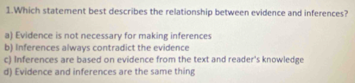 Which statement best describes the relationship between evidence and inferences?
a) Evidence is not necessary for making inferences
b) Inferences always contradict the evidence
c) Inferences are based on evidence from the text and reader's knowledge
d) Evidence and inferences are the same thing