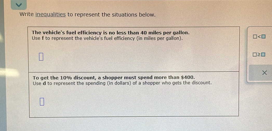 Write inequalities to represent the situations below. 
The vehicle's fuel efficiency is no less than 40 miles per gallon. 
Use f to represent the vehicle's fuel efficiency (in miles per gallon).
□
□ ≥ □
× 
To get the 10% discount, a shopper must spend more than $400. 
Use d to represent the spending (in dollars) of a shopper who gets the discount.