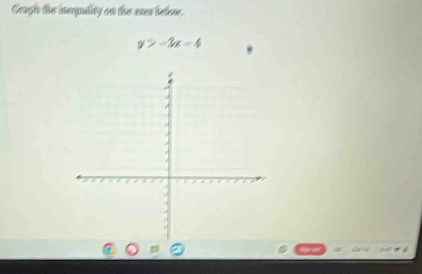 Graph the inequality on the axes below.
y>-3a-4