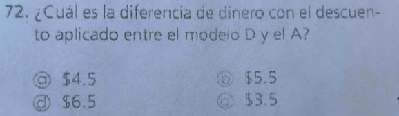 ¿Cuál es la diferencia de dinero con el descuen-
to aplicado entre el modelo D y el A?
◎ $4.5 ⑥ $5.5
@ $6.5 ◎ $3.5