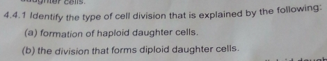 gnter calls. 
4.4.1 Identify the type of cell division that is explained by the following: 
(a) formation of haploid daughter cells. 
(b) the division that forms diploid daughter cells.