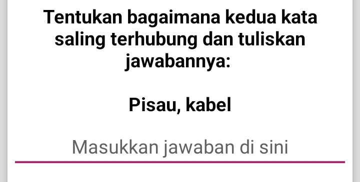 Tentukan bagaimana kedua kata 
saling terhubung dan tuliskan 
jawabannya: 
Pisau, kabel 
Masukkan jawaban di sini