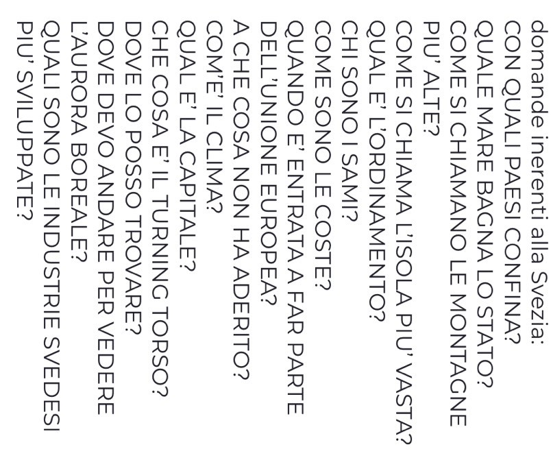domande inerenti alla Svezia: 
CON QUALI PAESI CONFINA? 
QUALE MARE BAGNA LO STATO? 
COME SI CHIAMANO LE MONTAGNE 
PIU' ALTE? 
COME SI CHIAMA L'ISOLA PIU’ VASTA? 
QUAL E' L'ORDINAMENTO? 
CHI SONO I SAMI? 
COME SONO LE COSTE? 
QUANDO E’ ENTRATA A FAR PARTE 
DELL'UNIONE EUROPEA? 
A CHE COSA NON HA ADERITO? 
COM'E' IL CLIMA? 
QUAL E' LA CAPITALE? 
CHE COSA E’ IL TURNING TORSO? 
DOVE LO POSSO TROVARE? 
DOVE DEVO ANDARE PER VEDERE 
L'AURORA BOREALE? 
QUALI SONO LE INDUSTRIE SVEDESI 
PIU' SVILUPPATE?