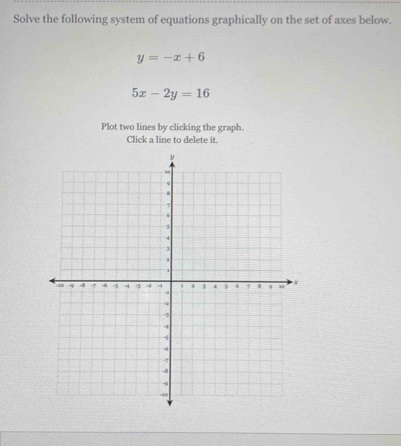 Solve the following system of equations graphically on the set of axes below.
y=-x+6
5x-2y=16
Plot two lines by clicking the graph.
Click a line to delete it.