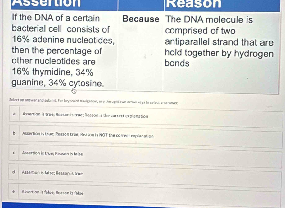 Assertion Reason
If the DNA of a certain Because The DNA molecule is
bacterial cell consists of comprised of two
16% adenine nucleotides, antiparallel strand that are
then the percentage of hold together by hydrogen
other nucleotides are bonds
16% thymidine, 34%
guanine, 34% cytosine.
Select an answer and submit. For keyboard navigation, use the up/down arrow keys to select an answer,
a Assertion is true; Reason is true; Reason is the correct explanation
b Assertion is true; Reason true; Reason is NOT the correct explanation
c Assertion is true; Reason is false
d Assertion is false; Reason is true
Assertion is false; Reason is false